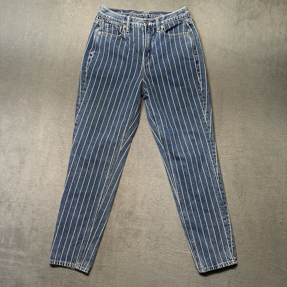American Eagle Womens 2 Straight Leg Jeans Blue Stripe High Rise Mom EUC